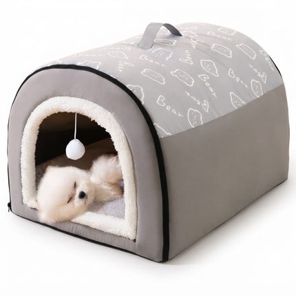 Enclosed Pet Cave House 60x45x37cm Soft Warm Indoor Tent Bed with Hanging Toy for Cats Kittens and Small Dogs Grey