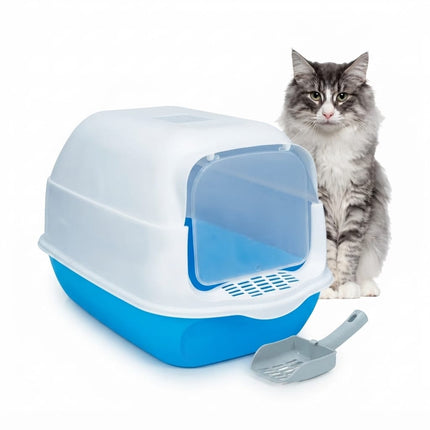 Cat Litter Box with Front Door and Scoop 50.5x34x33cm Enclosed Pet Toilet Blue