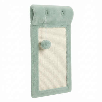 Wooden Cat Scratching Board with Sisal and Pom-Pom Toy Sage Green