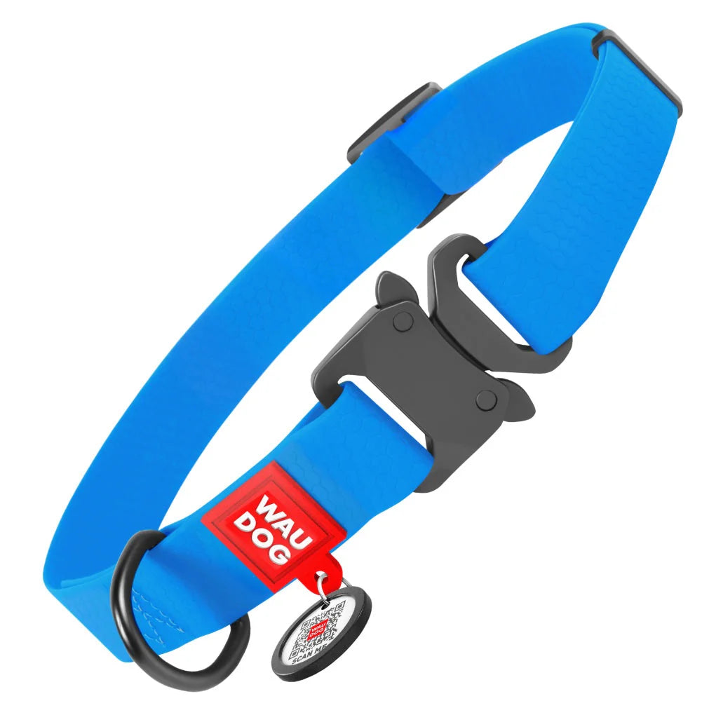 WauDog medium Blue Waterproof Collar with ID Tag and Metal Buckle 24 to 40 in 2 cm