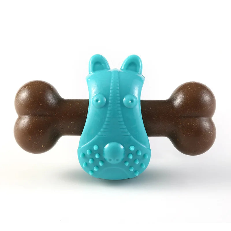 Bone toy for pets made of wood in blue and brown