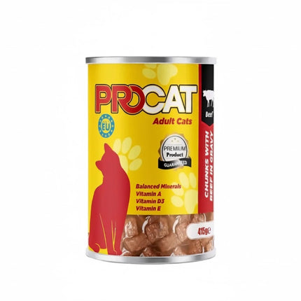 Pro Cat Adult Cat Food Chunks with Beef in Gravy  Complete Wet Food 415g - Ziggy Pupps