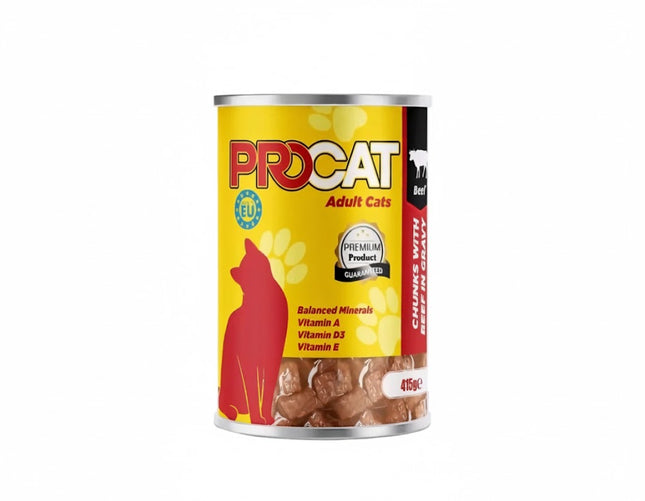 Pro Cat Adult Cat Food Chunks with Beef in Gravy  Complete Wet Food 415g