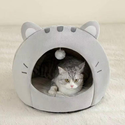 Adorable Cat Shaped Covered Pet House Soft Fluffy Enclosed Cave Bed for Cats and Small Dogs Size S