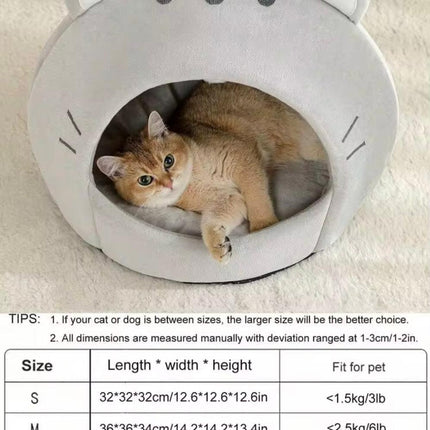 Adorable Cat Shaped Covered Pet House Soft Fluffy Enclosed Cave Bed for Cats and Small Dogs Size S