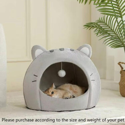Adorable Cat Shaped Covered Pet House Soft Fluffy Enclosed Cave Bed for Cats and Small Dogs Size S