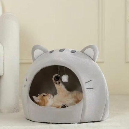 Adorable Cat Shaped Covered Pet House Soft Fluffy Enclosed Cave Bed for Cats and Small Dogs Size S