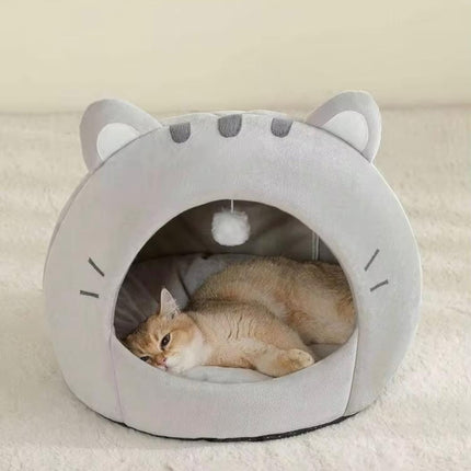 Adorable Cat Shaped Covered Pet House Soft Fluffy Enclosed Cave Bed for Cats and Small Dogs Size S