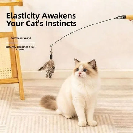 Interactive Feather Teaser Wand Cat Toy with Wooden Handle
