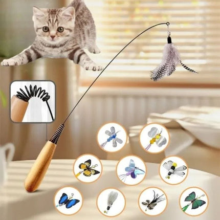 Interactive Feather Teaser Wand Cat Toy with Wooden Handle