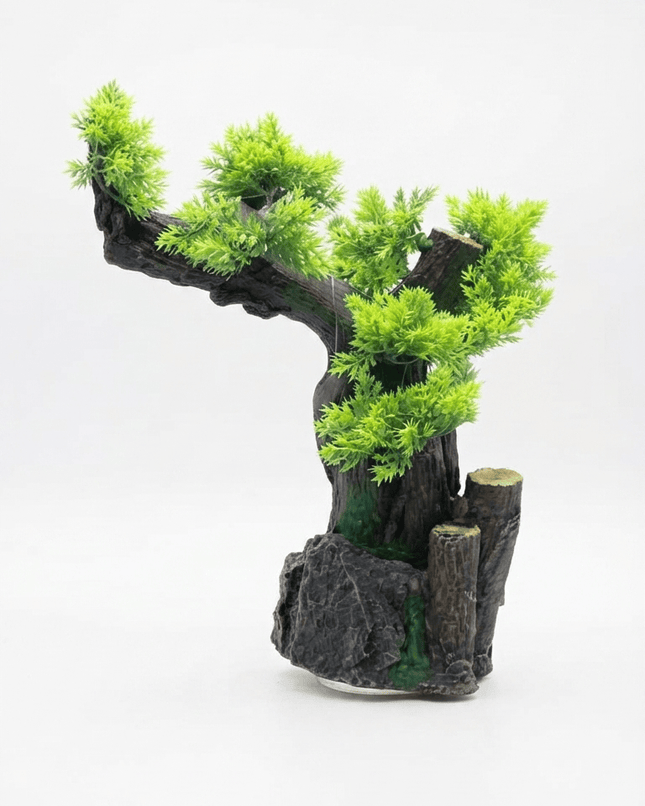 Aquarium Fish Artificial Bright Green Pine Tree Aquarium Decoration with Log Base Fish Tank Decor