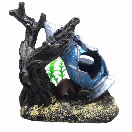 Aquarium Fish Resin Tree Trunk And Broken Blue Jar Aquarium Ornament Fish Tank Hideout Decor