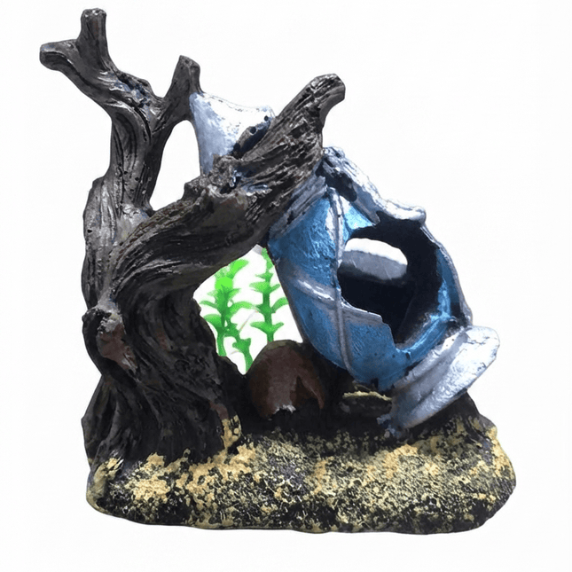 Aquarium Fish Resin Tree Trunk And Broken Blue Jar Aquarium Ornament Fish Tank Hideout Decor