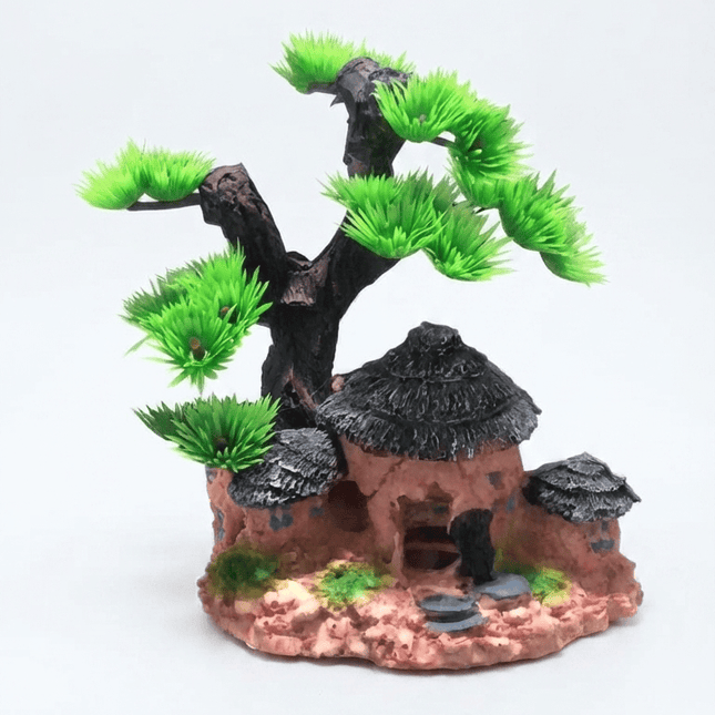 Aquarium Fish Resin Village Cottage And Pine Tree Aquarium Decoration Fish Tank Shelter Decor