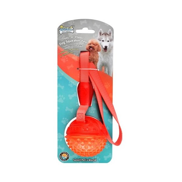 Soleil Toss-n-Floss Orange and Red Ball Dog Squeaky Toy with Nylon Band Handle