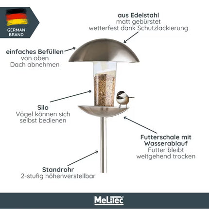 Stainless Steel Standing Bird Feeder With Transparent Seed Container And Dome Roof Height 170 cm