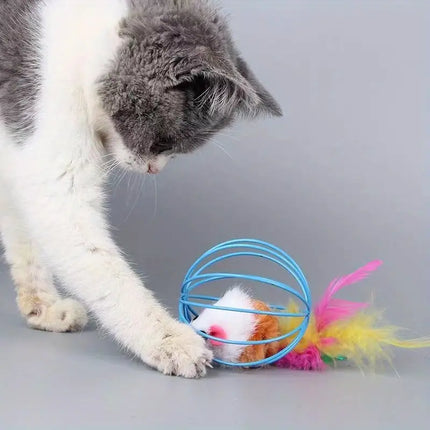 Cat Toy Cat Piece Cat Toy Set Plush Pom Pom Ball And Mouse in Cage Ball
