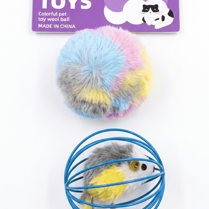 Cat Toy Cat Piece Cat Toy Set Plush Pom Pom Ball And Mouse in Cage Ball