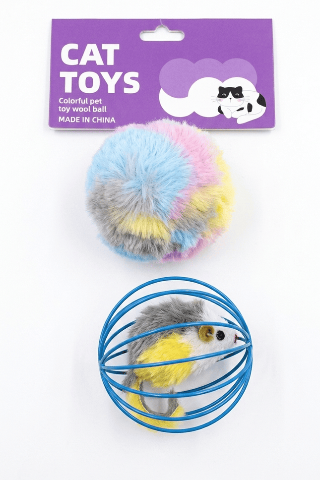 Cat Toy Cat Piece Cat Toy Set Plush Pom Pom Ball And Mouse in Cage Ball