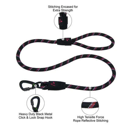 DOCO Dog Doco Black Reflective Rope Dog Leash 180 cm 13mm with 30cm Collar