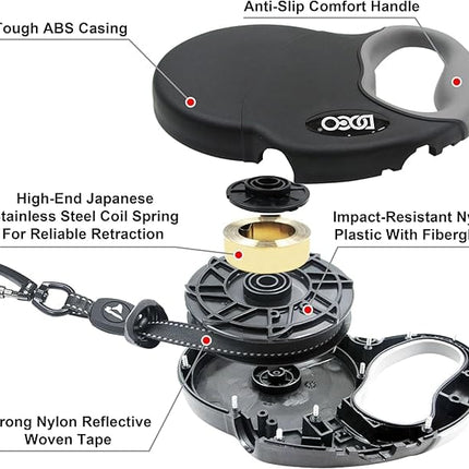 Doco Dog DOCO Large Black 5m Reflective and Retractable Leash for Dogs Up to 50 kg