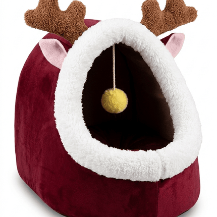dog moda Cat Dog moda Christmas Reindeer Hooded Pet Cave Bed for Cats And Small Dogs Size 50 Cm Burgundy