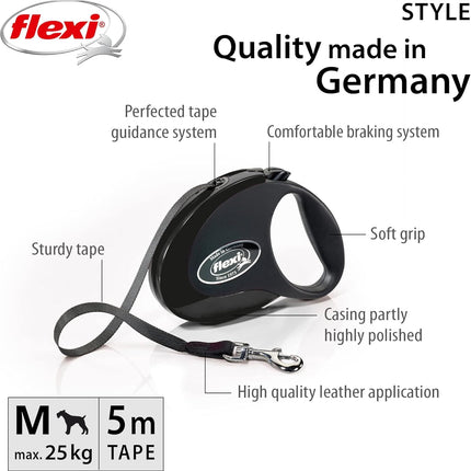 Flexi Dog Flexi Retractable Leash Style M Tape BLACK 5 M 25 Kg