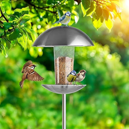 gardenline Bird Stainless Steel Standing Bird Feeder With Transparent Seed Container And Dome Roof Height 170 cm