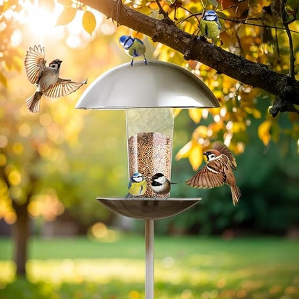 gardenline Bird Stainless Steel Standing Bird Feeder With Transparent Seed Container And Dome Roof Height 170 cm