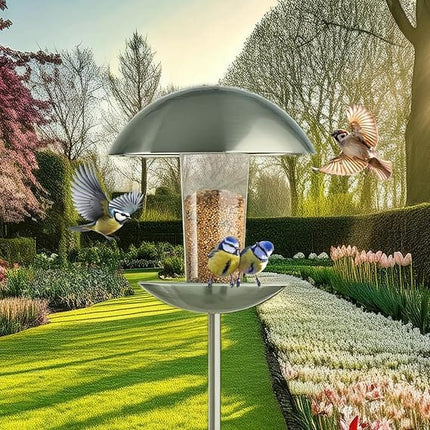 gardenline Bird Stainless Steel Standing Bird Feeder With Transparent Seed Container And Dome Roof Height 170 cm