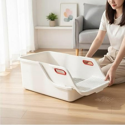 Generic Cat Semi Enclosed Cat Litter Box XL Large Sifting Litter Box 55× 40×H27 cm White