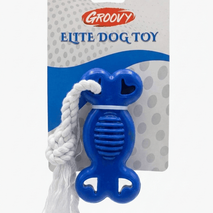 Groovy Dog Groovy Rubber Bone Chew Toy with Rope for Dogs Blue