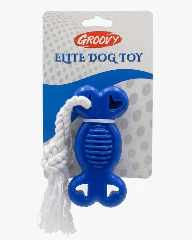Groovy Dog Groovy Rubber Bone Chew Toy with Rope for Dogs Blue