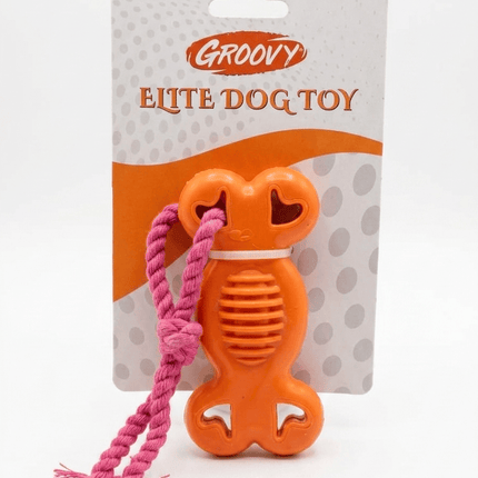 Groovy Dog Groovy Rubber Bone Chew Toy with Rope for Dogs Orange