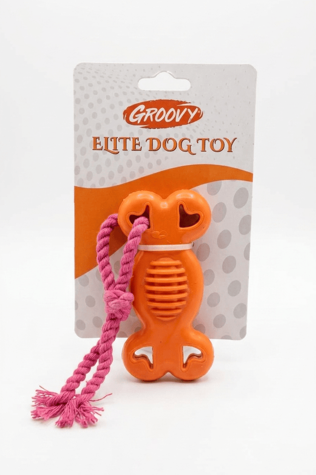 Groovy Dog Groovy Rubber Bone Chew Toy with Rope for Dogs Orange