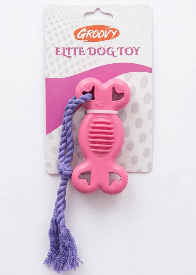 Groovy Dog Groovy Rubber Bone Chew Toy with Rope for Dogs Pink