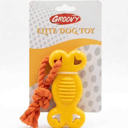 Groovy Dog Groovy Rubber Bone Chew Toy with Rope for Dogs Yellow