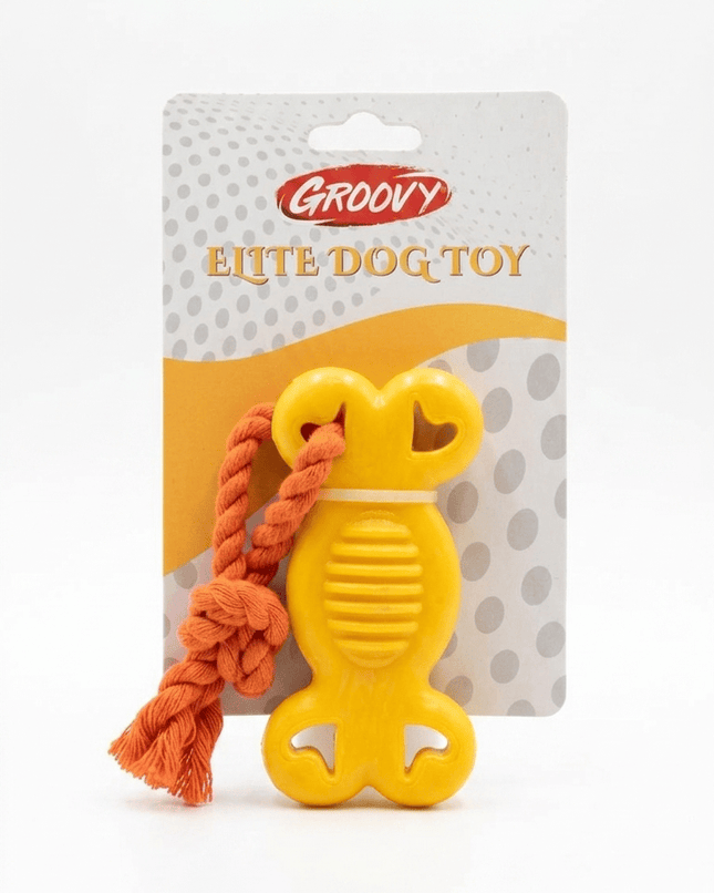 Groovy Dog Groovy Rubber Bone Chew Toy with Rope for Dogs Yellow