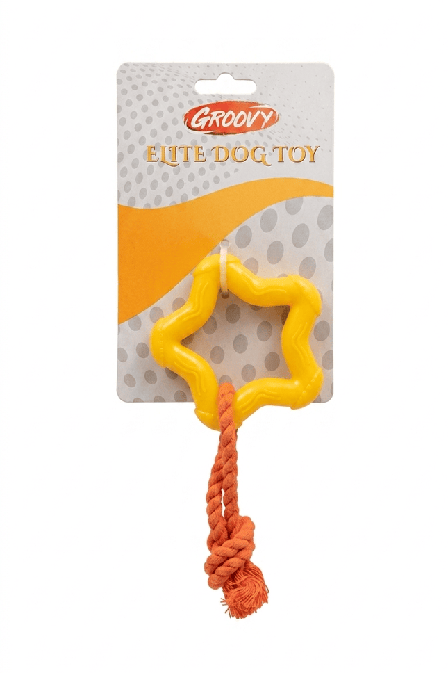 Groovy Dog Groovy Star Rubber Chew Toy with Rope for Dogs Yellow