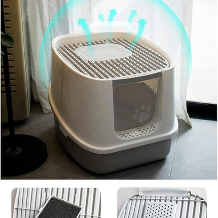 HMA Cat Covered Cat Litter Box Enclosed Pet Toilet with Top Entry Trap and Scoop 45 × 36 × 36 cm Grey