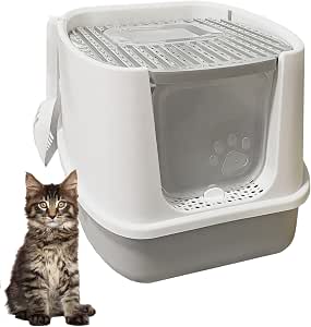HMA Cat Covered Cat Litter Box Enclosed Pet Toilet with Top Entry Trap and Scoop 45 × 36 × 36 cm Grey