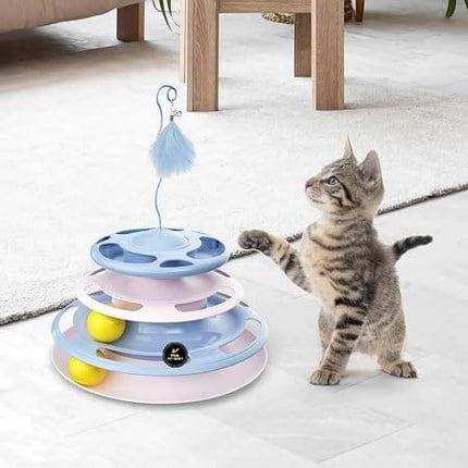 HMA cat Interactive Cat Toy 3-Tier Cat Track Toy with Feather Teaser and Rolling Balls