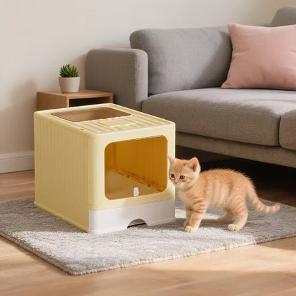 HMA Cat Large Cat Litter Box with Scoop Covered Litter Box with Lid Yellow 48x36x36cm