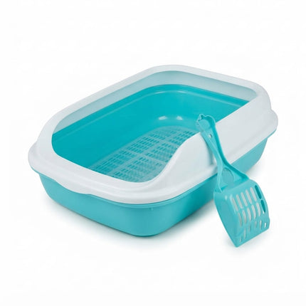 HMA Cat Open Cat Litter Box with Scoop Plastic Litter Tray with Sifter Grid 50 × 38 × 11 cm Blue