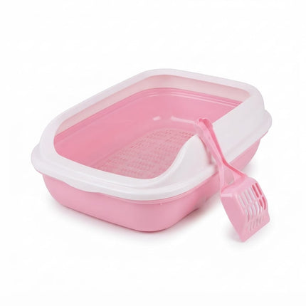 HMA Cat Open Cat Litter Box with Scoop Plastic Litter Tray with Sifter Grid 50 × 38 × 11 cm Pink