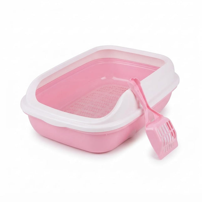 HMA Cat Open Cat Litter Box with Scoop Plastic Litter Tray with Sifter Grid 50 × 38 × 11 cm Pink