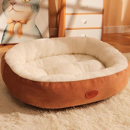 HMA Dog and cat Cozy Faux Fur Oval Dog Bed Soft Fluffy Calming Cuddler Nest for Small Dogs and Cats Brown 60x50cm
