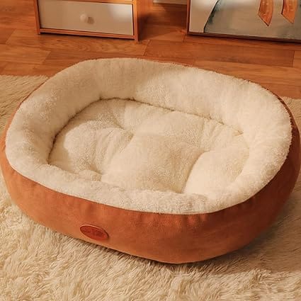 HMA Dog and cat Cozy Faux Fur Oval Dog Bed Soft Fluffy Calming Cuddler Nest for Small Dogs and Cats Brown 60x50cm