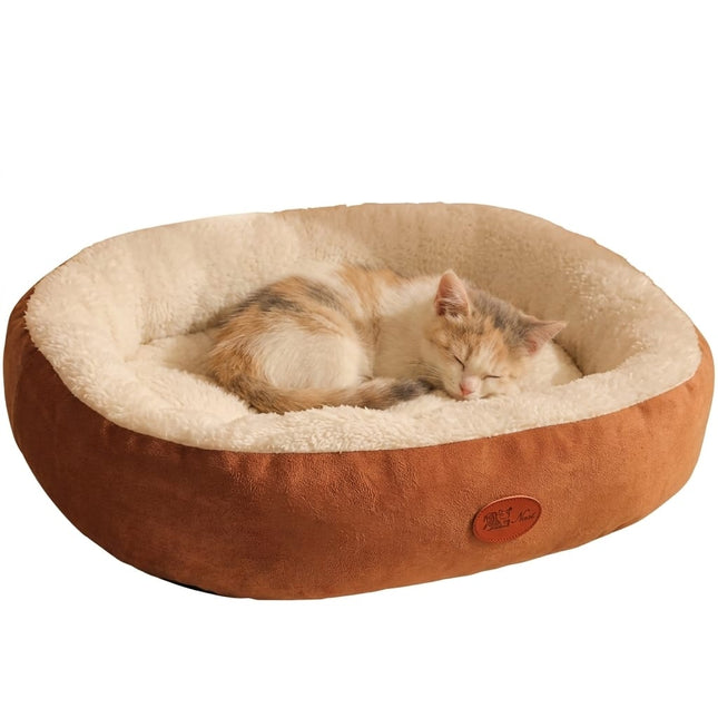 HMA Dog and cat Cozy Faux Fur Oval Dog Bed Soft Fluffy Calming Cuddler Nest for Small Dogs and Cats Brown 60x50cm