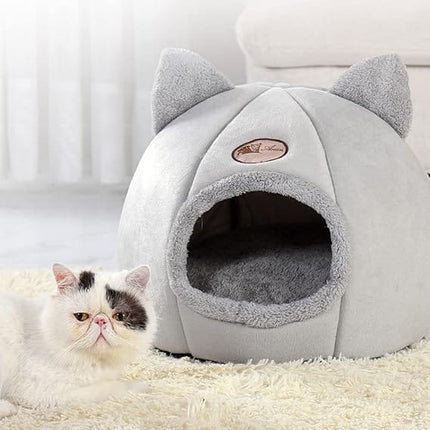 HMA Dog and cat Cute Cat Ears Covered Pet Cave Bed in Grey 40x40cm